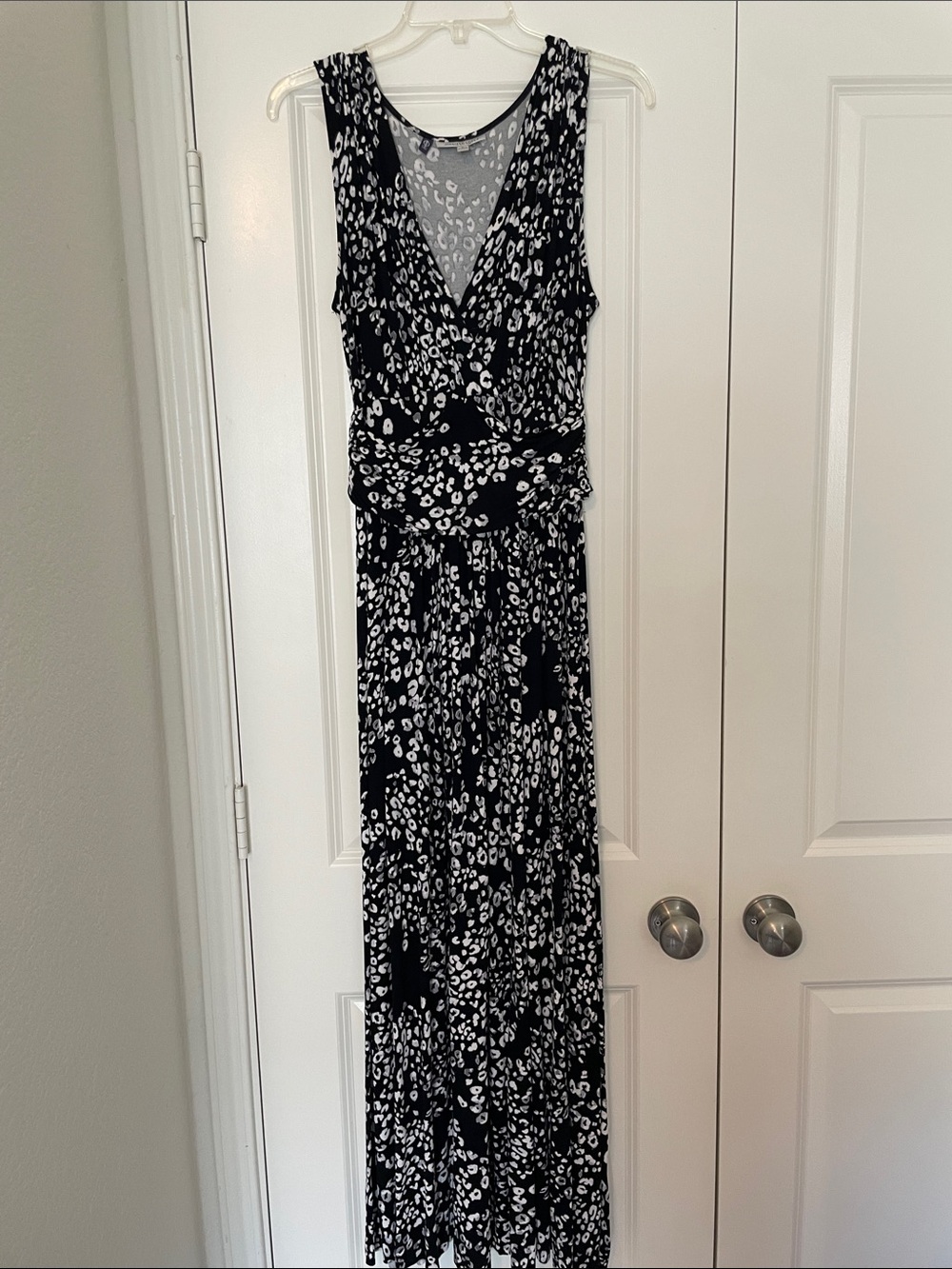 Jennifer Lopez Black and White Leopard Print Maxi Dress